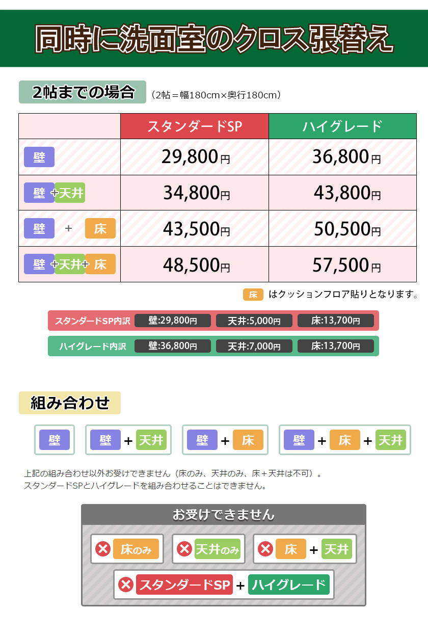 2帖までの場合　【スタンダードSP】壁：29,800円(税込)床：(クッションフロア)13,700円(税込)天井：5,000円(税込)合計48,500円(税込)【ハイグレード】壁：36,800円(税込)床：13,700円(税込)天井7,000円(税込)合計57,500円(税込)